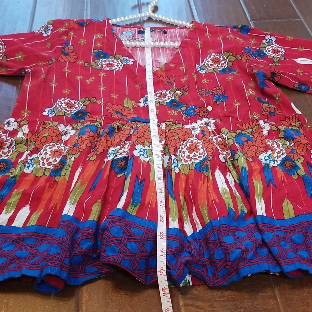 Khaadi Womens Red Blue Green Pleated Flowy Long Sleeve Top Size 14 - Picture 10 of 12